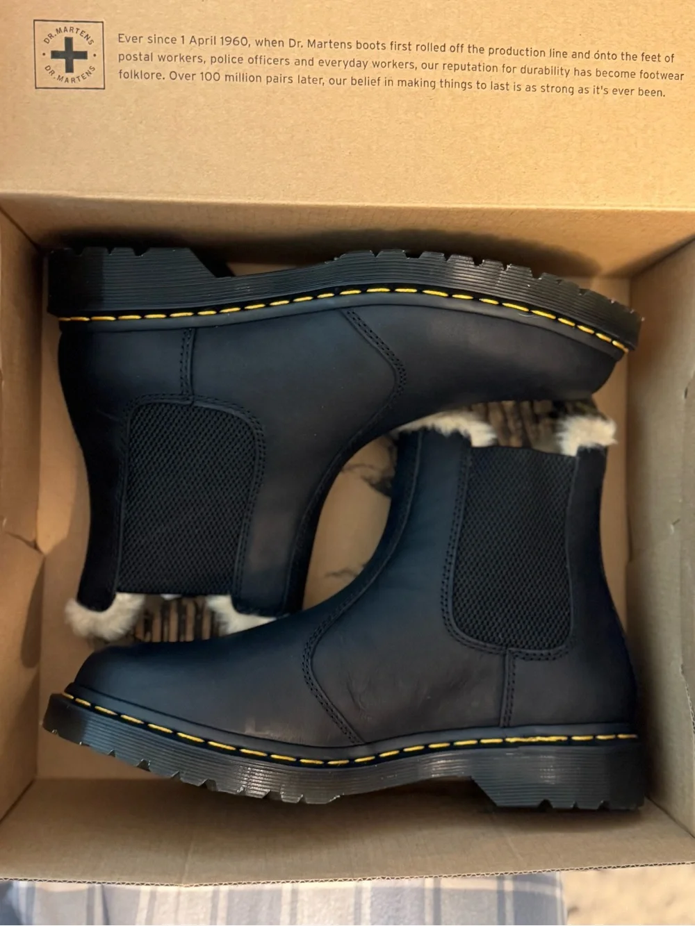Dr. Martens Black Leather Chelsea Ankle Boots with Cream Fur Lining